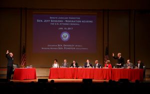 Nathan Osgood as U.S. Attorney General nominee Jeff Sessions, Staceyann Chin as Senat Photo