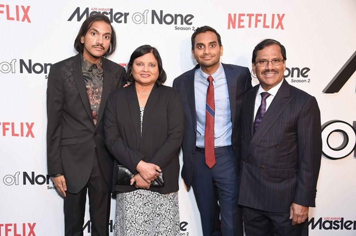 NEW YORK, NY - MAY 11:  (L-R) Aniz Ansari, Fatima Ansari, Aziz Ansari and Shoukath Ansari attend the Netflix Master Of None S2, Premiere NY Screening 2017 on May 11, 2017 in New York City.  (Photo by Michael Loccisano/Getty Images for Netflix) *** Local C at 