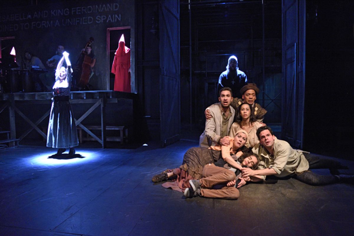 Left, forefront to background: Anita Castillo-Halvorssen as Pascuala, an actor dressed as a Spanish Inquisitor. Right, forefront from left to right: Orlando Hernandez as Frondoso , Joe Wilson, Jr. as Esteban, Octavia Chavez-Richmond as Laurencia, Angela B at 