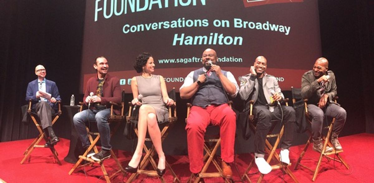 Richard Ridge, Javier Munoz,  Mandy Gonzalez, James Monroe Iglehart, Bryan Terrell Clark, and Brandon Victor Dixon at 