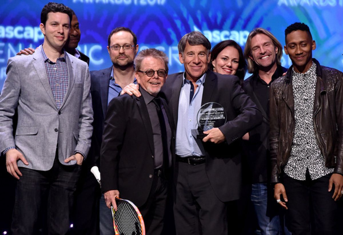 LOS ANGELES, CA - MAY 16:  Honoree Stephen Schwartz accepts the Founder's Award from ASCAP President Paul Williams onstage at the 2017 ASCAP Screen Music Awards at The Wiltern on May 16, 2017 in Los Angeles, California.  (Photo by Lester Cohen/Getty Image at 