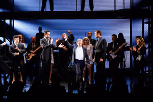 Center, Frankie Valli speaks during the curtain call for the opening night performanc Photo