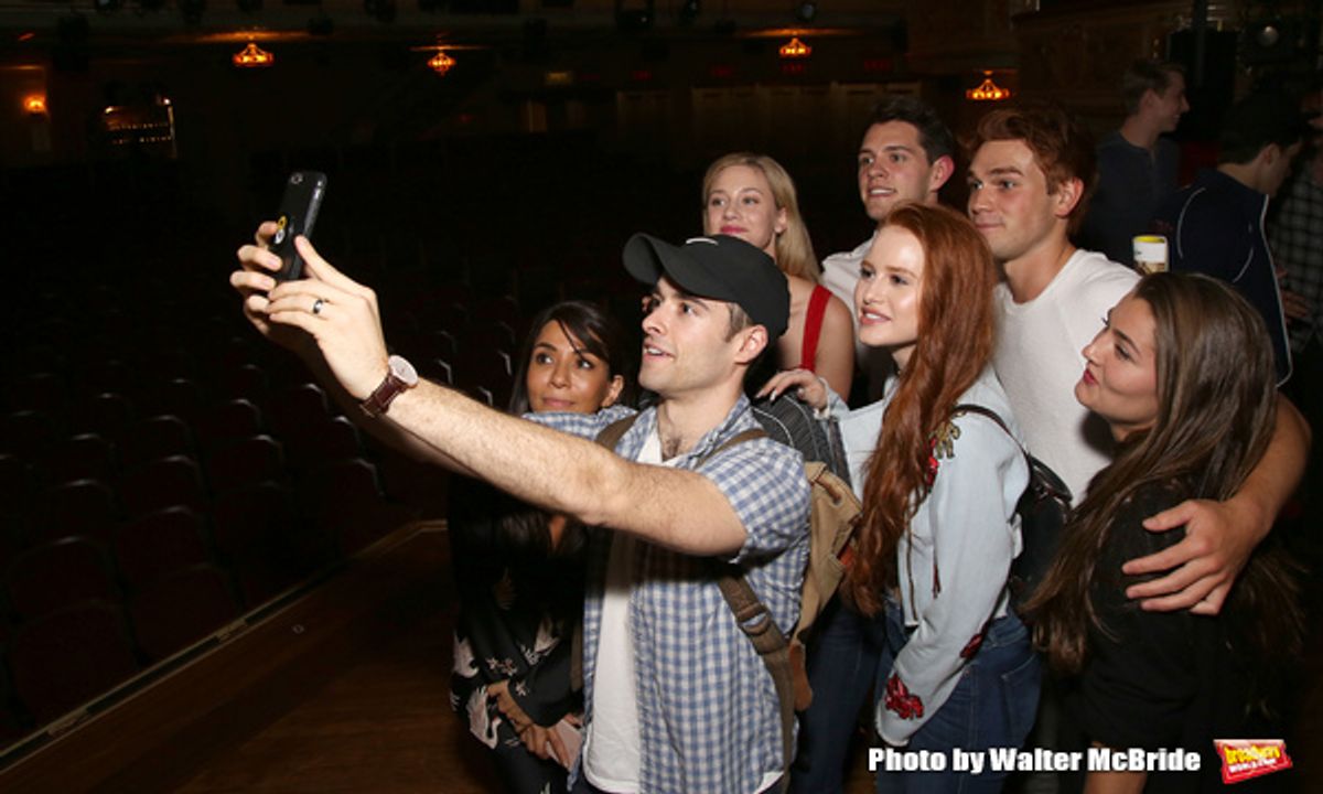 Corey Cott with Marisol Nichols, Lili Reinhart, Madelaine Petsch, Casey Cott, KJ Apa and Rachel Matthews at 