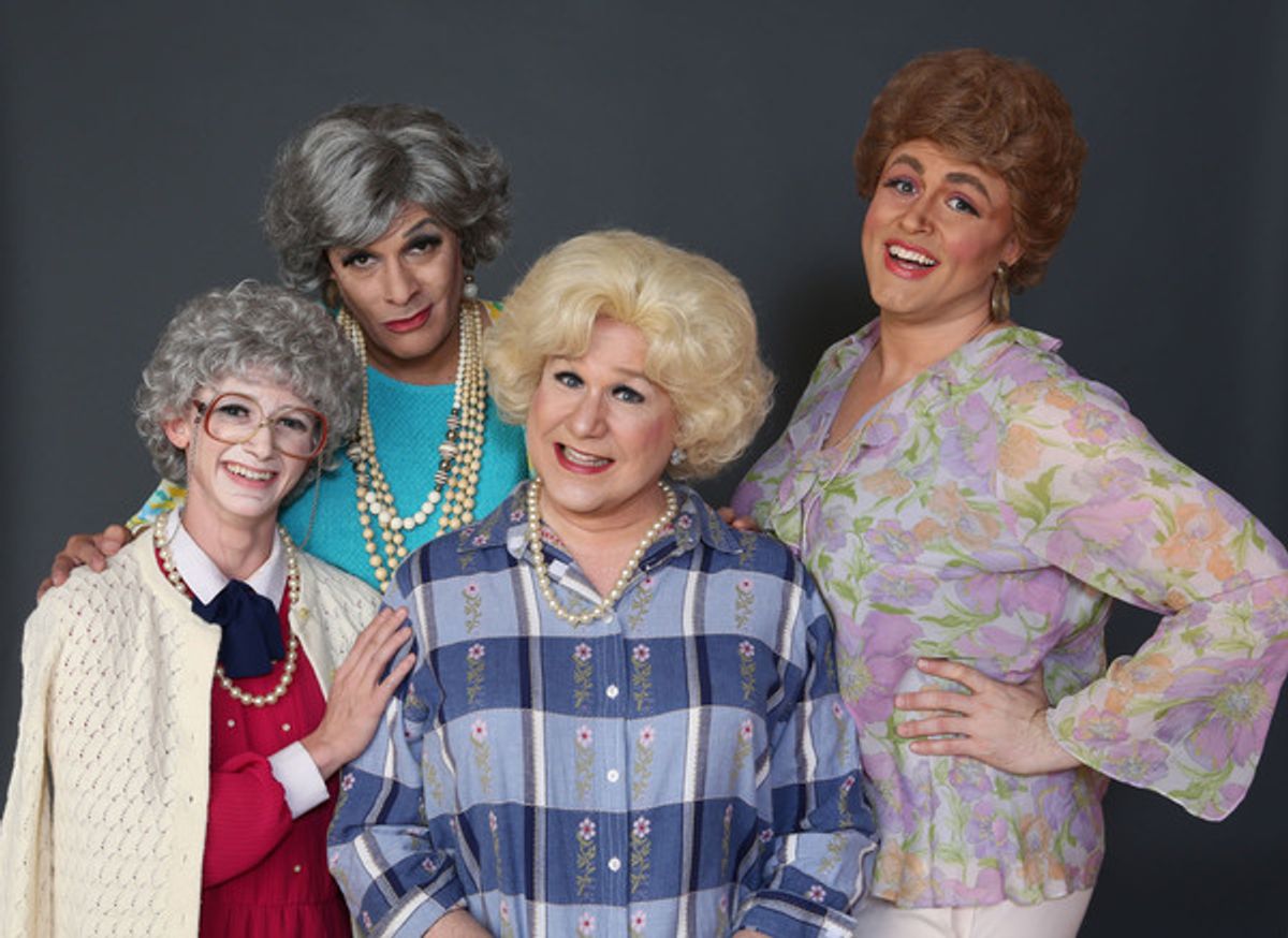 Adrian Hadlock, David Cerda, Ed Jones and AJ Wright in a publicity image for Hell in a Handbag Productionsâ€™ world premiere THE GOLDEN GIRLS â€“ THE LOST EPISODES by David Cerda, directed by Shade Murray. Photo by Rick Aguilar Studios. at 