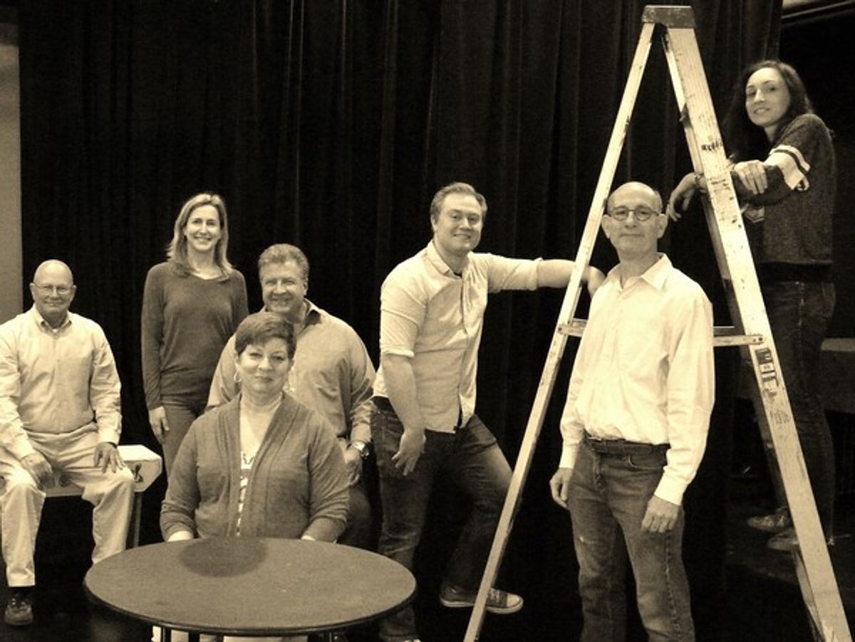 (back row) Ed Woodyard (as Howie Newsome), Kathy Files DiBiasi (as Mrs. Gibbs), Jeff Schlotman (as Doc Gibbs), Justin Thomas (as George), Rodd Berro (as Mr. Webb), Dakota Martin (as Emily); (front, center) Chris Jamison (as Mrs. Webb). at 