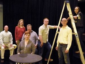 (back row) Ed Woodyard (as Howie Newsome), Kathy Files DiBiasi (as Mrs. Gibbs), Jeff Schlotman (as Doc Gibbs), Justin Thomas (as George), Rodd Berro (as Mr. Webb), Dakota Martin (as Emily); (front, center) Chris Jamison (as Mrs. Webb). @ BroadwayWorld (back row) Ed Woodyard (as Howie Newsome), Kathy Files DiBiasi (as Mrs. Gibbs), Jeff Photo