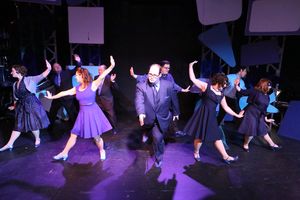 Zachary Allen Farmer as J.J. Hunsecker (center) and the cast, singing "Don't Look Now" @ BroadwayWorld Zachary Allen Farmer as J.J. Hunsecker (center) and the cast, singing "Don't Look Now Photo