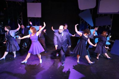 Zachary Allen Farmer as J.J. Hunsecker (center) and the cast, singing "Don't Look Now Photo