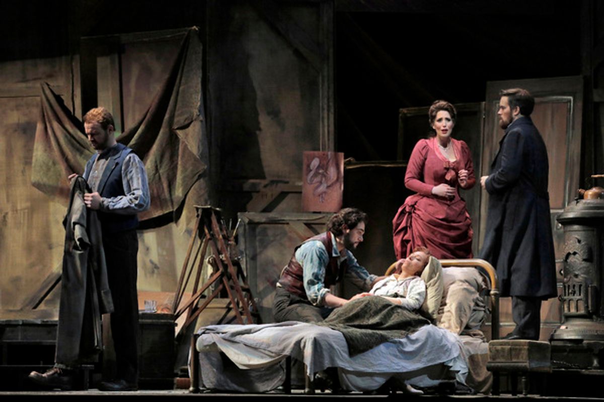 Scott Conner as Colline, Arturo Chacon-Cruz as Rodolfo, Erika Grimaldi as Mimi, Ellie Dehn as Musetta, and Audun Iversen as Marcello at 