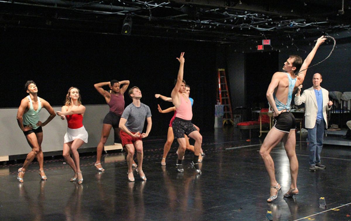 Brian Runbeck (far right) as Georges and the Chagelles in a rehearsal photo of the opening number â€"We Are What We Areâ€ in Cortland Repertory Theatreâ€™s production of the flamboyant musical â€"La Cage Aux Follesâ€ running from June 21 â€“ July 8. at 