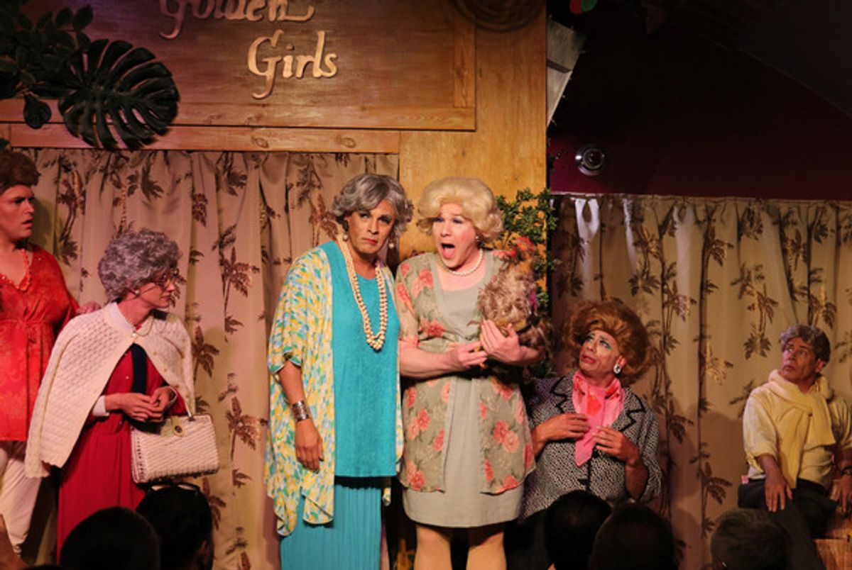 (left to right) AJ Wright, Adrian Hadlock, David Cerda, Ed Jones, Terry McCarthy and Michael S. Miller in Hell in a Handbag Productionsâ€™ world premiere THE GOLDEN GIRLS â€“ THE LOST EPISODES by David Cerda, directed by Shade Murray. Photo by Rick Aguila at 