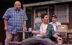 David H.M. Lambert (Walter), Julienne Greer (Ellen), Jacob Oderberg (Rudy) and Kyle Montgomery (Georgie) in Tom Dudzick's, King O' The Moon.
@ BroadwayWorld David H.M. Lambert (Walter), Julienne Greer (Ellen), Jacob Oderberg (Rudy) and Kyle M Photo