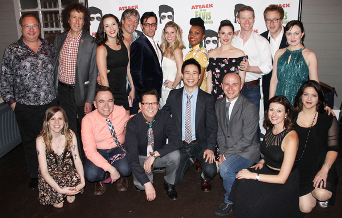 THE FULL COMPANY â€“ top left to right â€“ Larry Rosner, Lory Lazarus, 
Emily Jeanne Phillips, Jim Borstelmann, Eric Sciotto, Laura Woyasz, Badia Farha, Jayme Wappel, 
Jeff Kready, Don Stephenson, Catherine Walker;  kneeling left to right â€“ Kelly Thomas at 