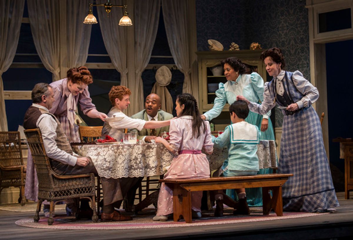 Randall Newsome (Nat Miller), Bri Sudia (Norah), Niall Cunningham (Richard Miller), Larry Bates (Sid Davis), Rochelle Therrien (Mildred Miller), Matthew Abraham (Tommy Miller), Ora Jones (Essie Miller) and Kate Fry (Lily Miller) in Eugene Oâ€™Neillâ€™s Ah at 