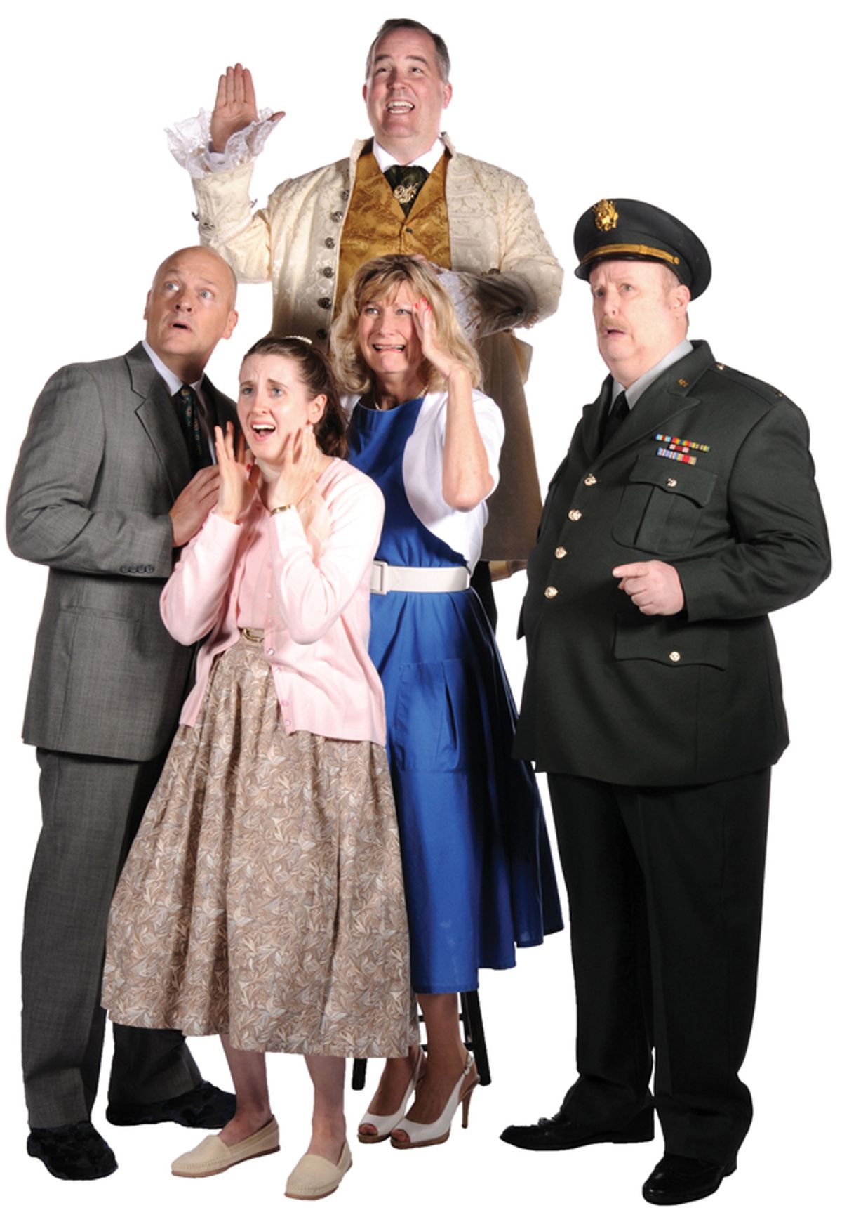 Top: Jeremy Southard as Kreton, an interplanetary visitor; and (Left to Right): Todd Hermanson, Melissa Sondergeld, Julie Elzabeth Knell, and Eric James at 