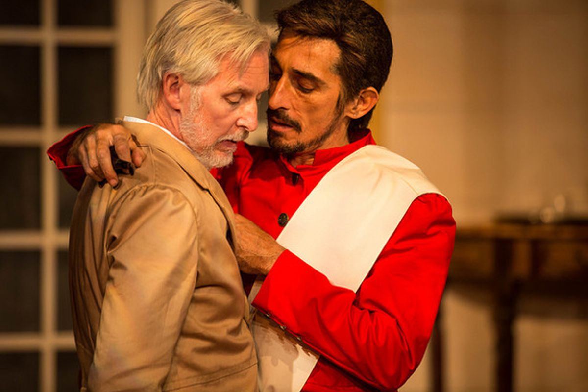 Tatiana Baccari (Edward) and Giles Davies (Clive) in act one of Caryl Churchill's Cloud Nine. Photo courtesy Pritchard Photography.
 at 