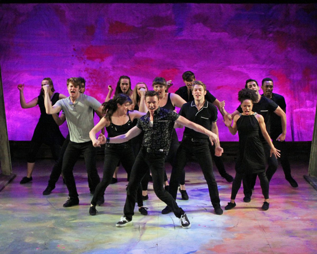 Dan Lusardi (center) as Ren McCormick and the cast perform the opening number â€"Footlooseâ€ in Cortland Rerpertory Theatreâ€™s production of â€"Footlooseâ€, running July 12 â€“ 29. at 