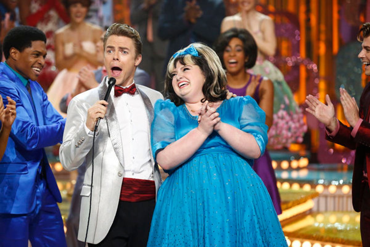 HAIRSPRAY LIVE! -- Pictured: (l-r) Derek Hough as Corny Collins, Maddie Baillio as Tracy Turnblad -- (Photo by: Justin Lubin/NBC) at 