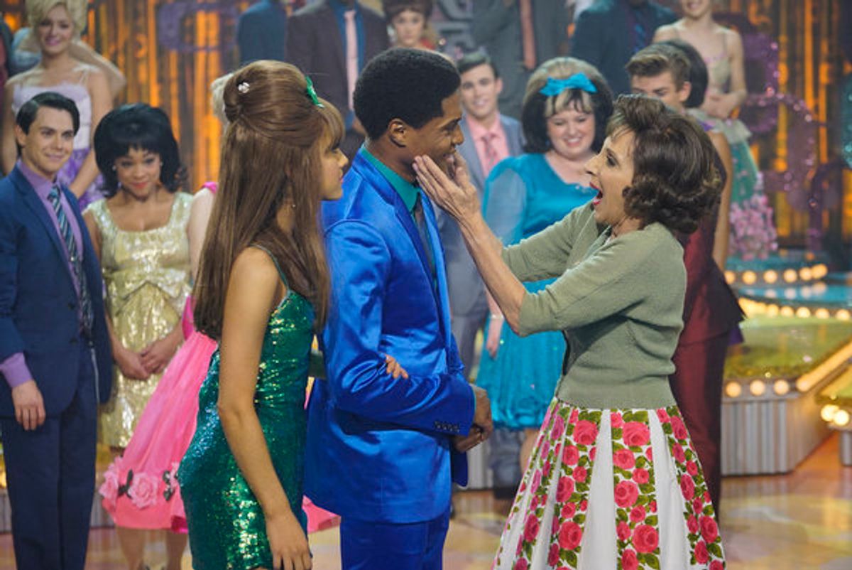 HAIRSPRAY LIVE! -- Pictured: (l-r) Ariana Grande as Penny Pingleton, Ephraim Sykes as Seaweed J. Stubbs, Andrea Martin as Prudy Pingleton -- (Photo by: Paul Drinkwater/NBC) at 