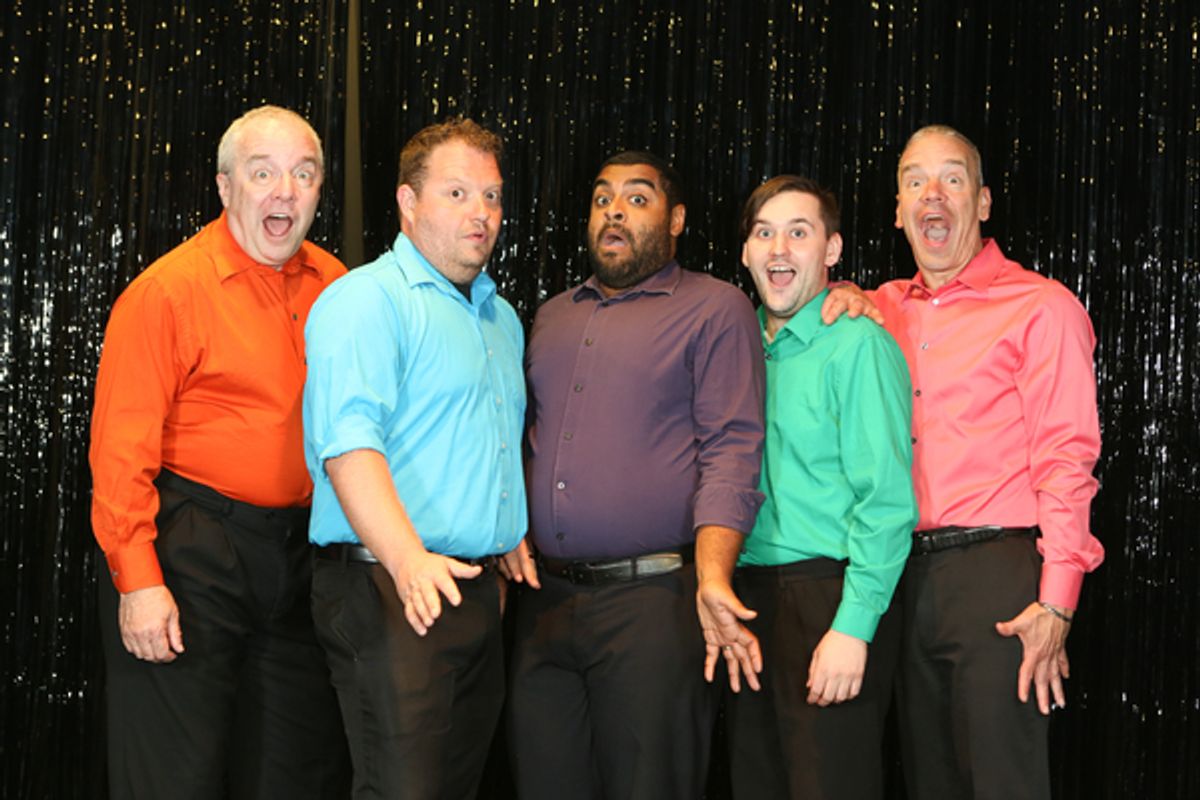(l-r) Ken Haller, Mike Dowdy-Windsor, Dominic Dowdy-Windsor, Sean Michael, and Keith Thompson, the cast of New Line Theatre's OUT ON BROADWAY: THE THIRD COMING. Photo credit: Jill Ritter Lindberg.
 at 