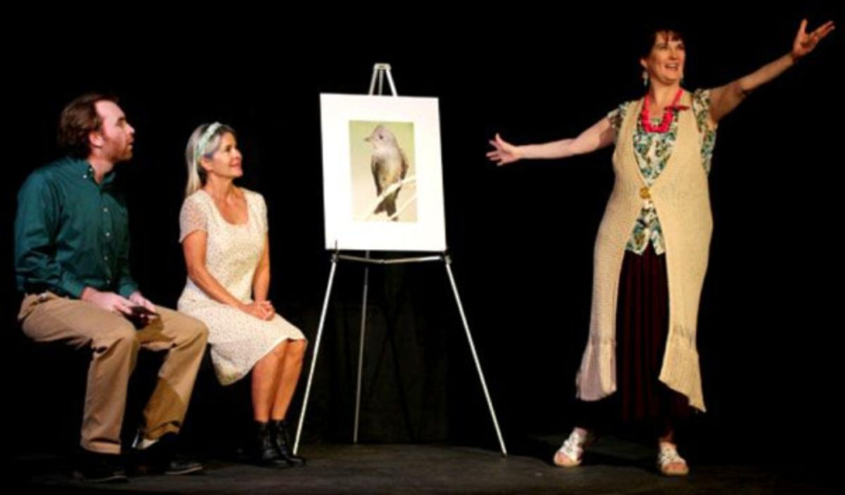 Travis Williams (Andre and Crystal Oakley (Adele) listen to Abigail Davis-Hess (Olivia) explain the Church of the Fifth Day in Five Flights by Adam Bock Running July 20th through July 29th. Tickets available at https://www.artful.ly/store/events/1175 at 