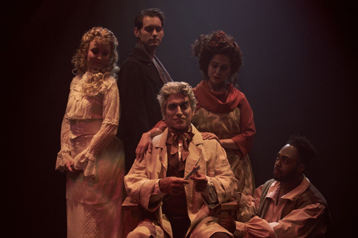                                Johanna (Kelly Gabrielle Murphy), Anthony Hope (Quinn Corcorcan) Emily Kron (Mrs. Lovett), Tobias Ragg (Ryan Gregory Thurman) and Sweeney Todd (Mark Hardy) at 