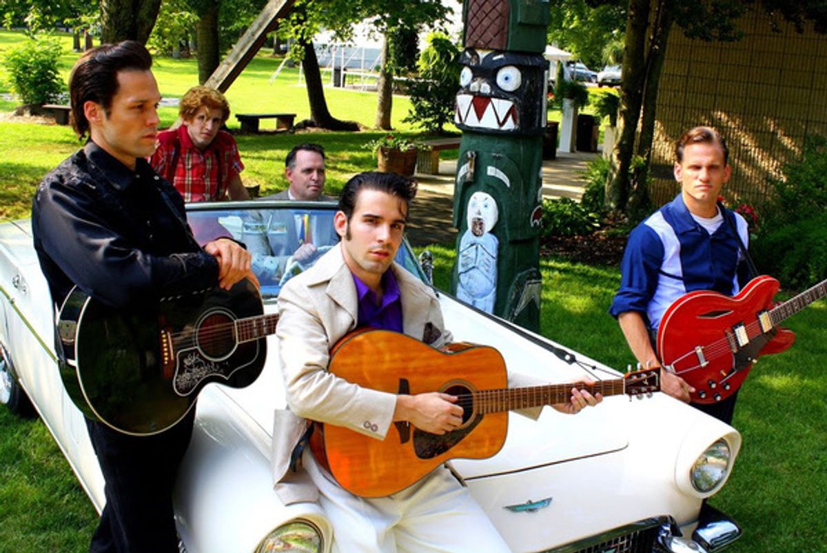 David Elkins as 'Johnny Cash,' Jason Cohen as Jerry Lee Lewis, Joe Boover as Elvis, Hugh Hysell as Sam Phillips and Michael Monroe Goodman as Carl Perkins at 