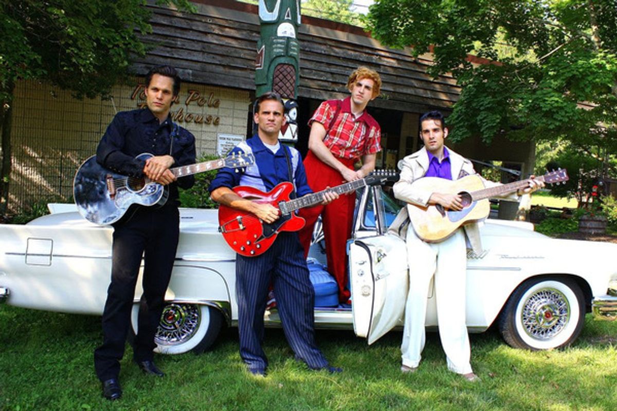 David Elkins as Johnny Cash, Michael Monroe Goodman as Carl Perkins, Jason Cohen as Jerry Lee Lewis, and Joe Boover as Elvis at 
