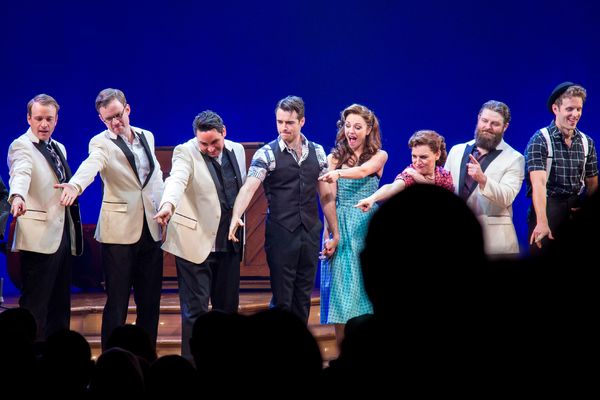 Geoff Packard, James Nathan Hopkins, Joey Pero, Corey Cott, Laura Osnes, Beth Leavel, Photo