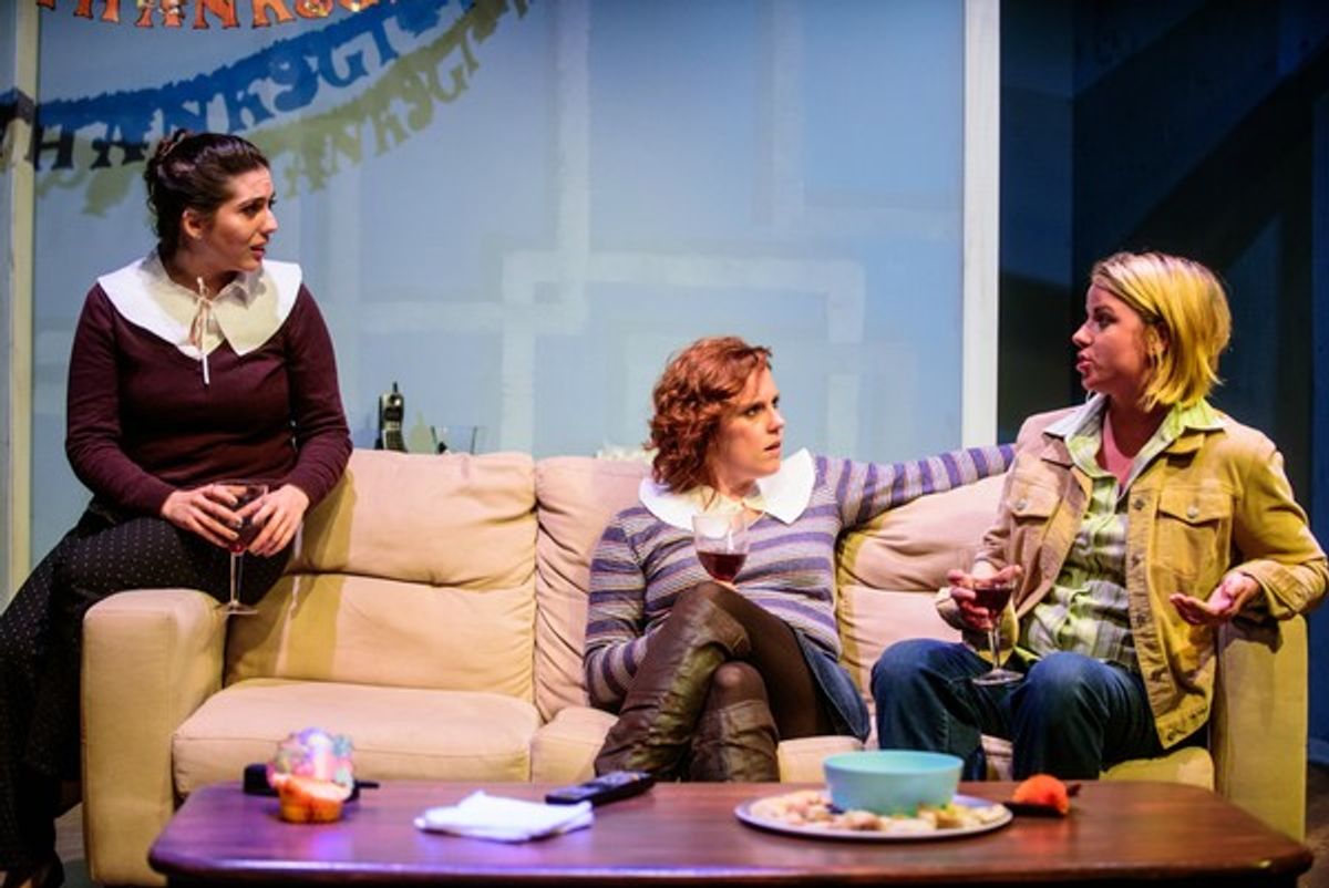 Rose Sengenberger (Ellen), Adrienne Matzen (Kayla), and Erin Oâ€Brien (Laurie) in The Comradesâ€ production of IN THE WAKE by Lisa Kron, directed by Alex Mallory. Photo by Paul Goyette. at 