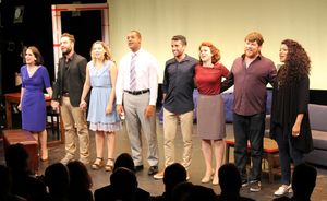 Pictured Left to Right: The Curtain Call: Stephanie D’Abruzzo, Devon Goffman Grace Leszynski,
Kyle Robert Carter, Nic Cory, Claire Neumann, Peyton Crim, Grace Hightower De Niro. @ BroadwayWorld Pictured Left to Right: The Curtain Call: Stephanie D’Abruzzo, Devon Goffman Photo