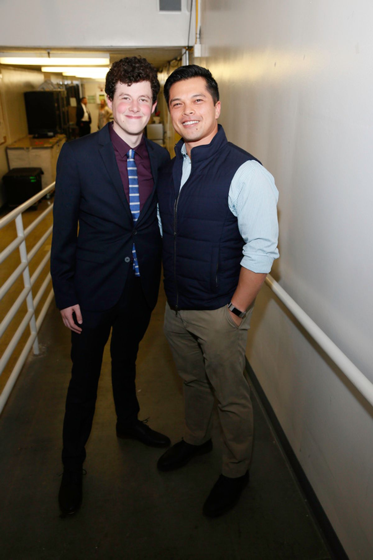 From left, cast member Adam Langdon and actor Vincent Rodriguez III pose back stage after the opening night performance of 'The Curious Incident of the Dog in the Night-Time' at Center Theatre Group/Ahmanson Theatre on Thursday, August 3, 2017, in Los Ang at 