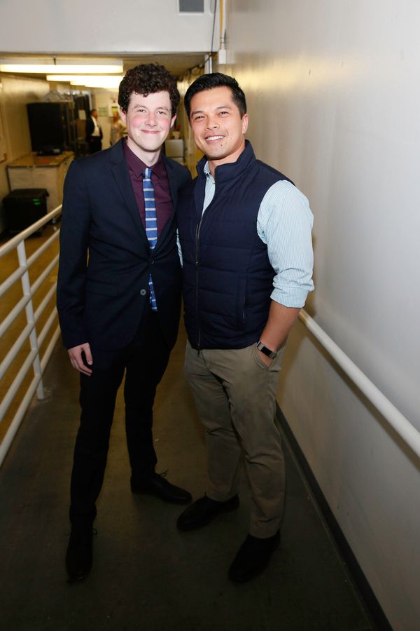 From left, cast member Adam Langdon and actor Vincent Rodriguez III pose back stage a Photo