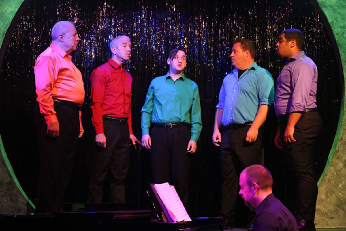 Ken Haller, Keith Thompson, Sean Michael, Mike Dowdy-Windsor, and Dominic Dowdy-Windsor, singing 'Everything Possible,' with Nate Jackson on the piano, in OUT ON BROADWAY: THE THIRD COMING at 