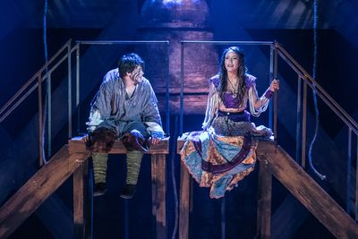 Haden Rider as Quasimodo and Julissa Sabino as Esmeralda in HUNCHBACK. Photo by Da... Photo