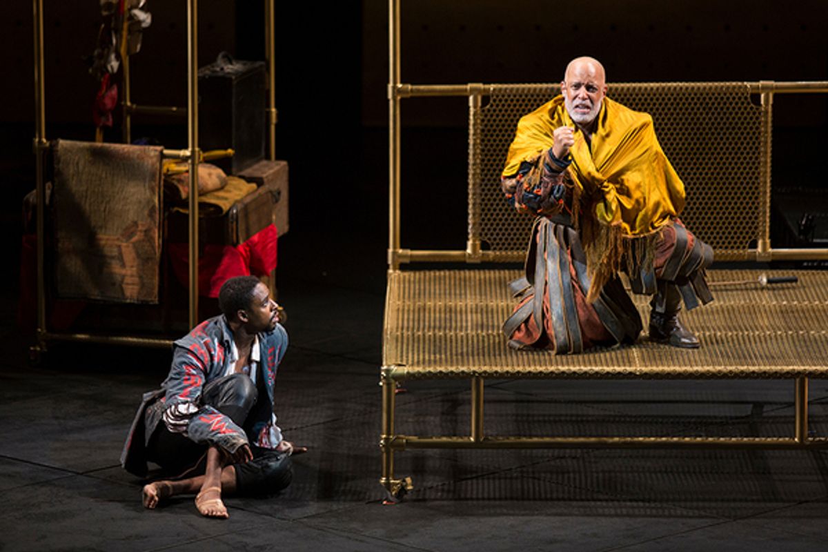 (from left) Grantham Coleman as Hamlet and Michael Genet as Gravedigger in Hamlet, by William Shakespeare, directed by Barry Edelstein, running August 6 - September 10, 2017. Photo by Jim Cox. at 