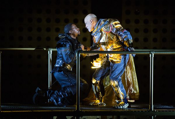 (from left) Grantham Coleman as Hamlet and Michael Genet as The Ghost in Hamlet, by W Photo