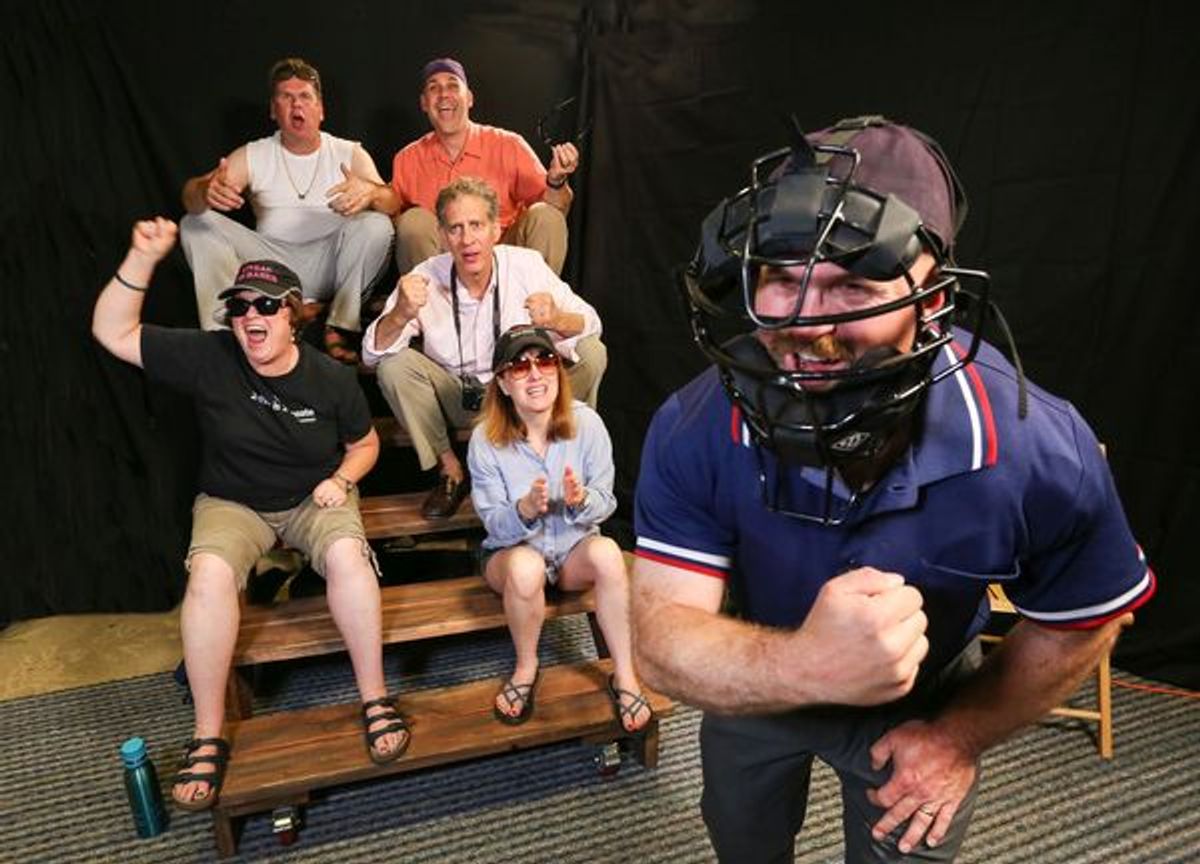 Parents at a Little League ball game in 'Lessons Learned'  by Jenny Weaver, one of ten local plays featured in the 2017 Island theatre Ten-Minute Play Festival, August 18 & 19, at BPA.  (L to R: Kimberly Parker, Wayne Purves, Geoff Schmidt, Jeffery Brown, at 