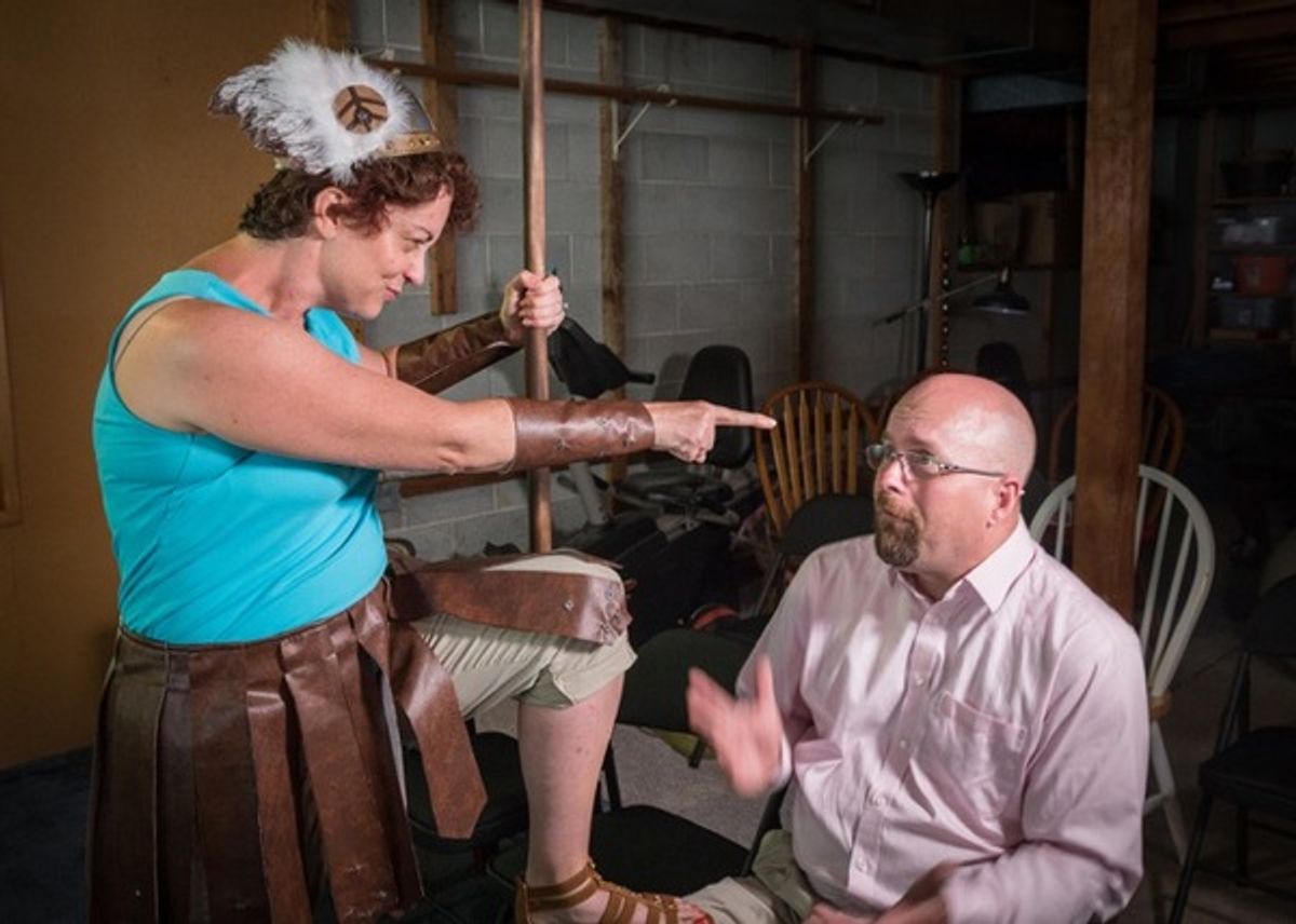 Tyler Weaver, as a nebbish husband, seeks to please his goddess of a wife, Jennifer Pippin-Montanez, in 'Flight of the Valkyrieâ€ by Noah Barfield, directed by Todd Erler.
 at 