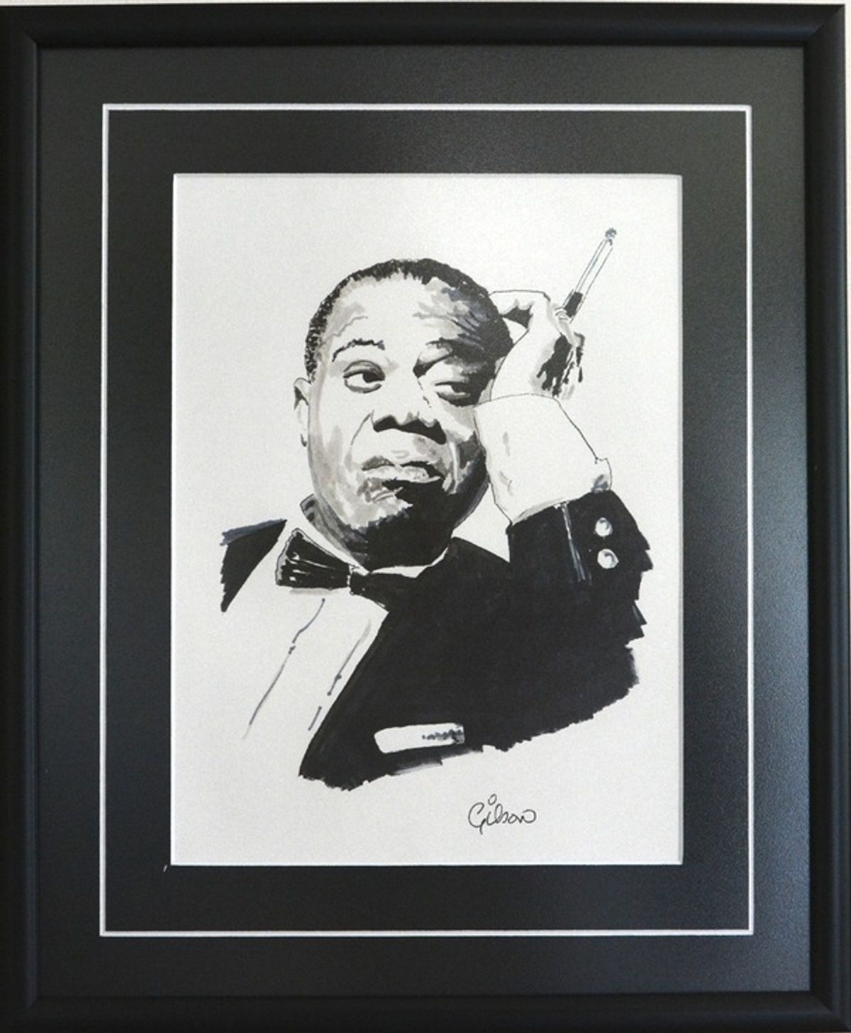 Louis Armstrong, circa 1960. Ink drawing on paper. Signed by artist. at 