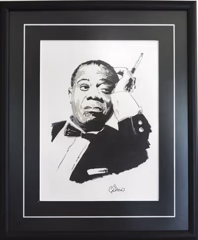 Louis Armstrong, circa 1960. Ink drawing on paper. Signed by artist. Photo