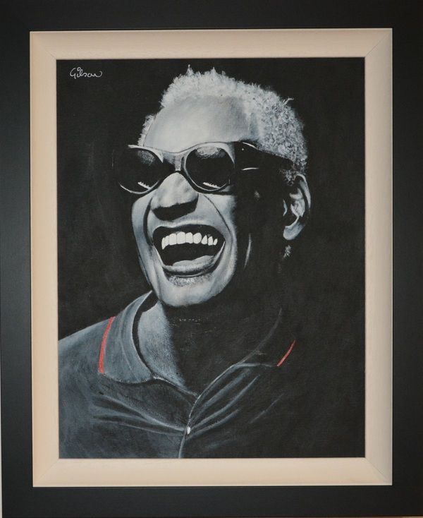Ray Charles, circa 1986. 18.25 x 22.5 inches. Acrylic on canvas board. Signed by arti Photo