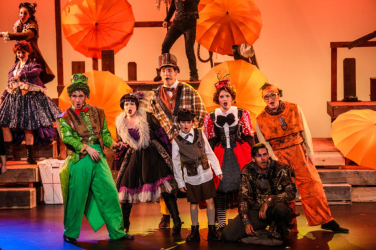 L-R: Austin Wright (Green Grasshopper), Sidney Aptaker (Spider), Joshua Powers (Centipede), David Landis (James), Brooke Farnum (Ladybug), Lucas Coleman (Lahdalord) and Jake Bradford (Earthworm).  at 