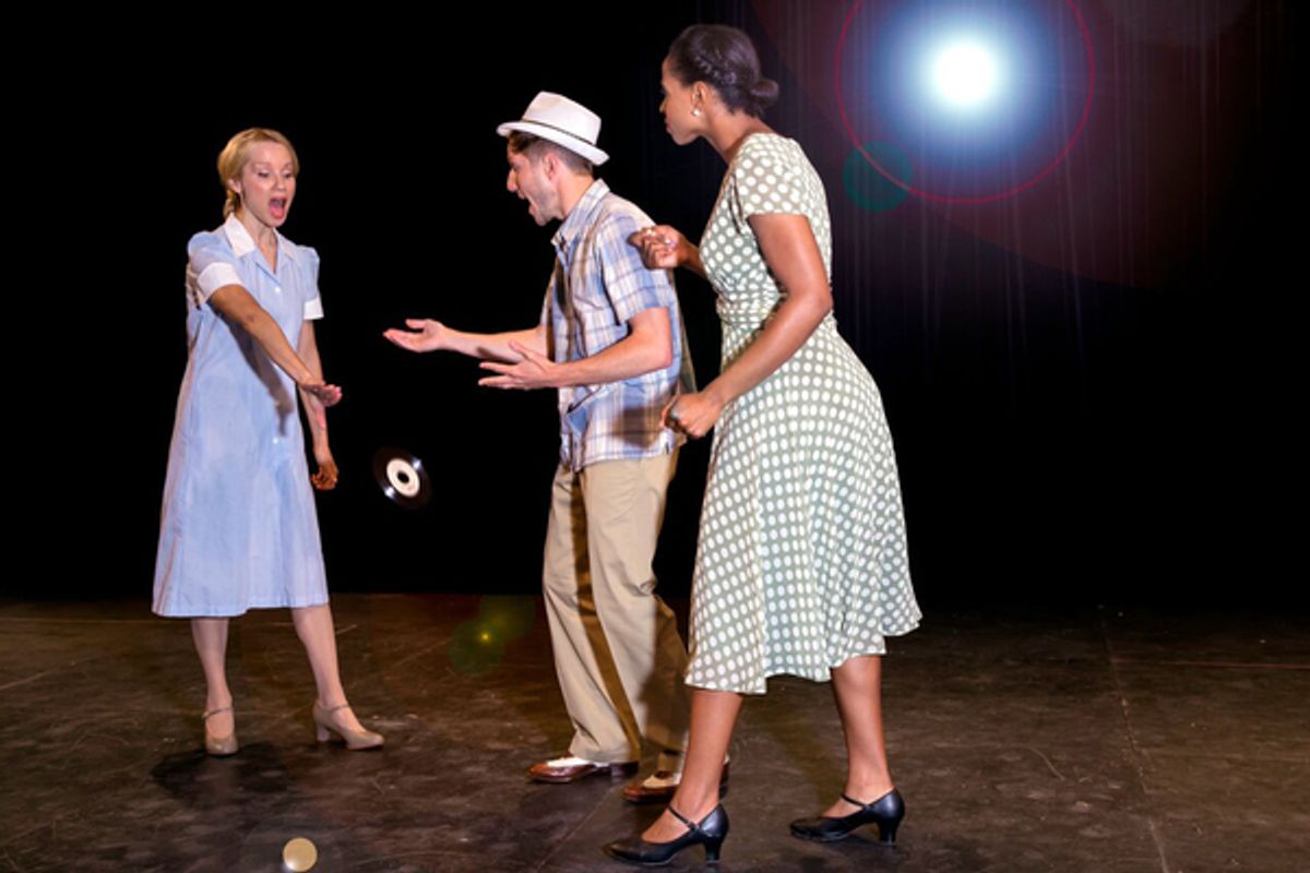 Huey's mother, Gladys, throws Felicia's newly recorded song to the ground. From left are Maureen Hackett as Gladys, Matt Coakley as Huey, and Tamika Reed as Felicia. â€"Memphisâ€ is presented by PinnWorth Productions at MCCCâ€™s Kelsey Theatre Sept. 8 to at 