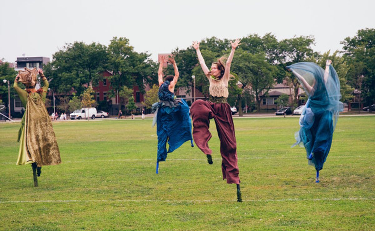  â€"Dance of the Godsâ€ (left to right) Katie Mazzini, Nigel Brown, Dana Murphy and McCambridge Dowd-Whipple as the Mother Goddess Earth and the Daughter Goddess of Water Walkabout Theater Companyâ€™s outdoor spectacle A PERSEPHONE PAGEANT. Photo by Matt at 