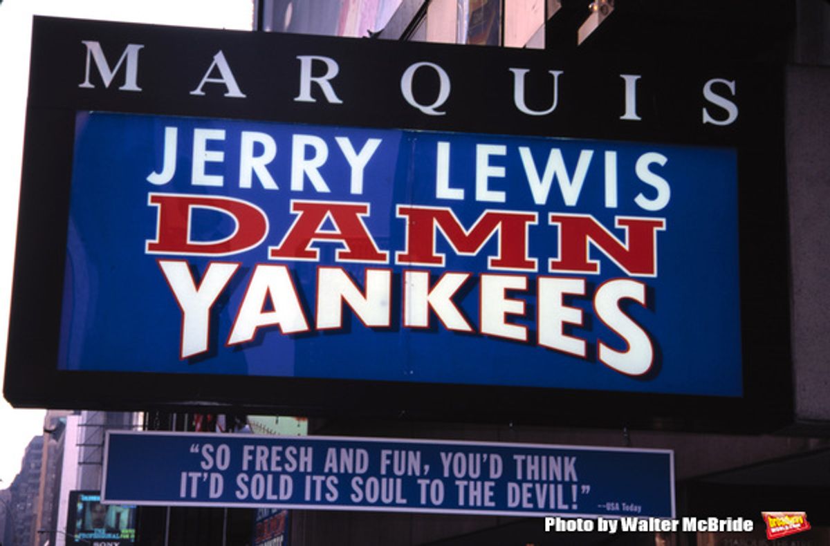 Jerry Lewis Theatre Marquee starring in
the Broadway Musical Revival of â€˜DAMN YANKEESâ€™ on March 3, 1984 at the Marquis Theatre, Times Square, New York City. at 