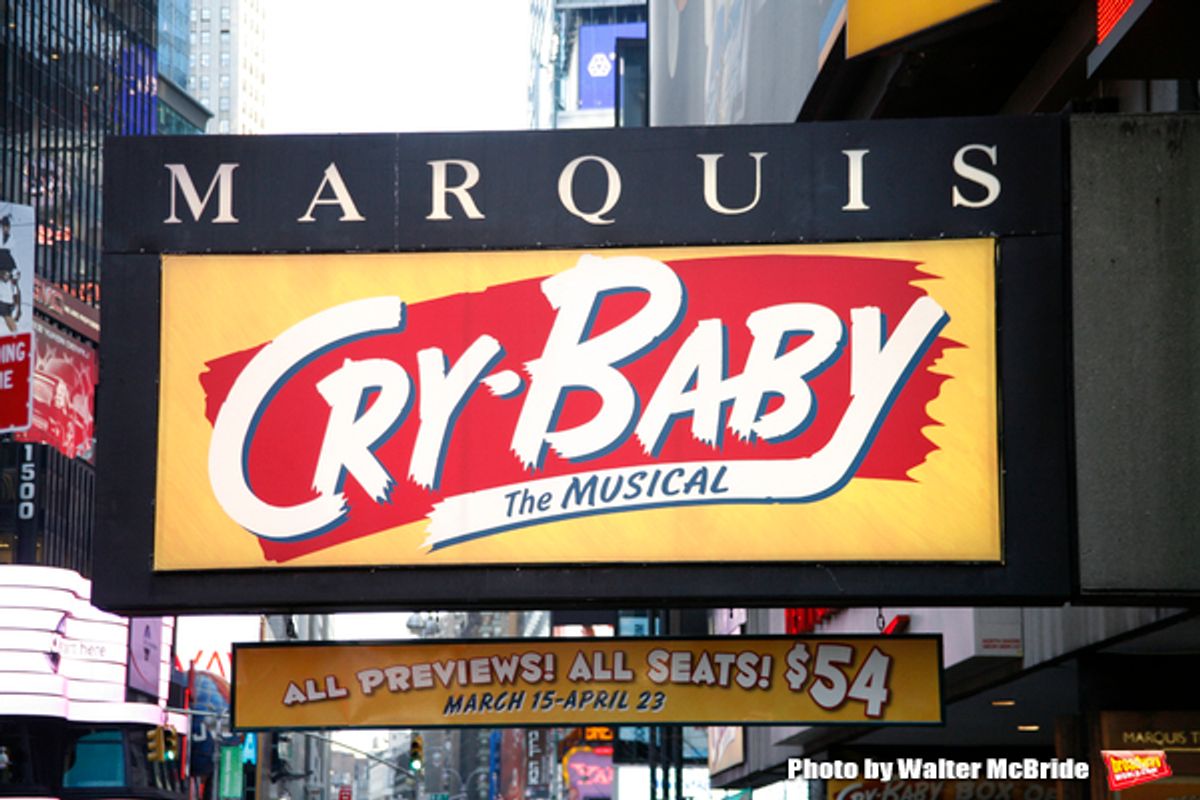 Theatre Marquee for Cry-Baby, based upon the Universal Pictures film written and directed by John Waters, features songs by David Javerbaum and Adam Schlesinger, with a book by Mark O'Donnell and Thomas Meehan. Mark Brokaw directs, with choreography by Ro at 