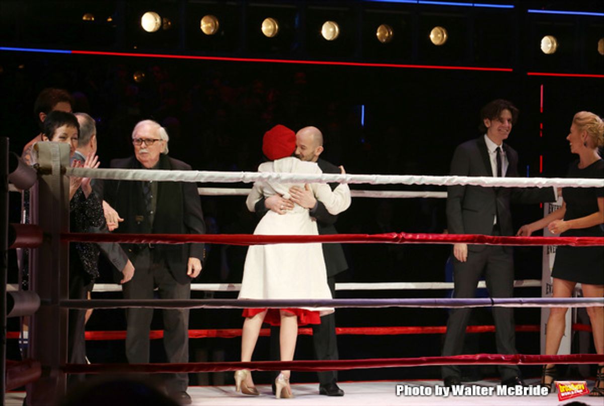 Thomas Meehan, Stephen Flaherty, Lynn Ahrens, Stephen Hoggett,, Margo Seibert, Alex Timbers and Kelly Devine during the Broadway Opening Night Performance curtain call for 'Rocky on Broadway' at the Winter Garden Theatre on March 13, 2014 in New York City at 