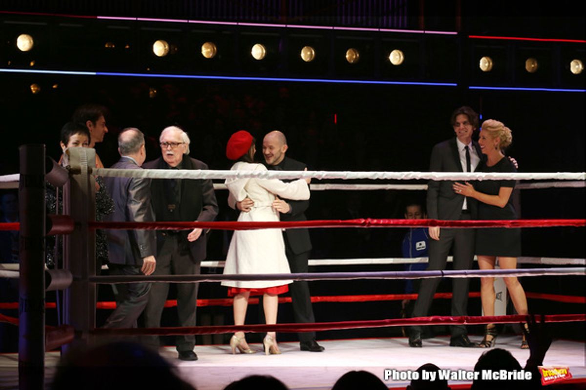 Thomas Meehan, Stephen Flaherty, Lynn Ahrens, Stephen Hoggett,, Margo Seibert, Alex Timbers and Kelly Devine during the Broadway Opening Night Performance curtain call for 'Rocky on Broadway' at the Winter Garden Theatre on March 13, 2014 in New York City at 