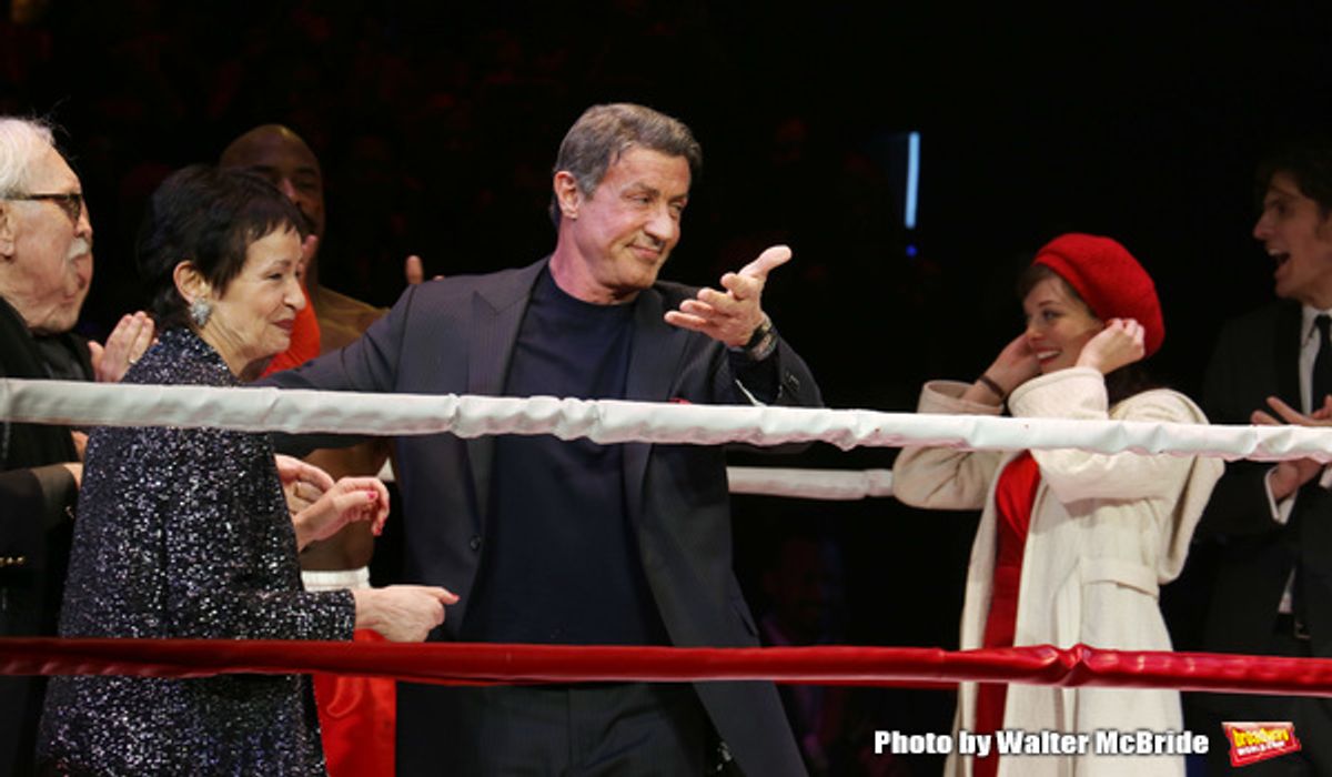 Thomas Meehan, Lynn Ahrens, Terence Archie, Sylvester Stallone, Margo Seibert and Alex Timbers during the Broadway Opening Night Performance curtain call for 'Rocky on Broadway' at the Winter Garden Theatre on March 13, 2014 in New York City. at 